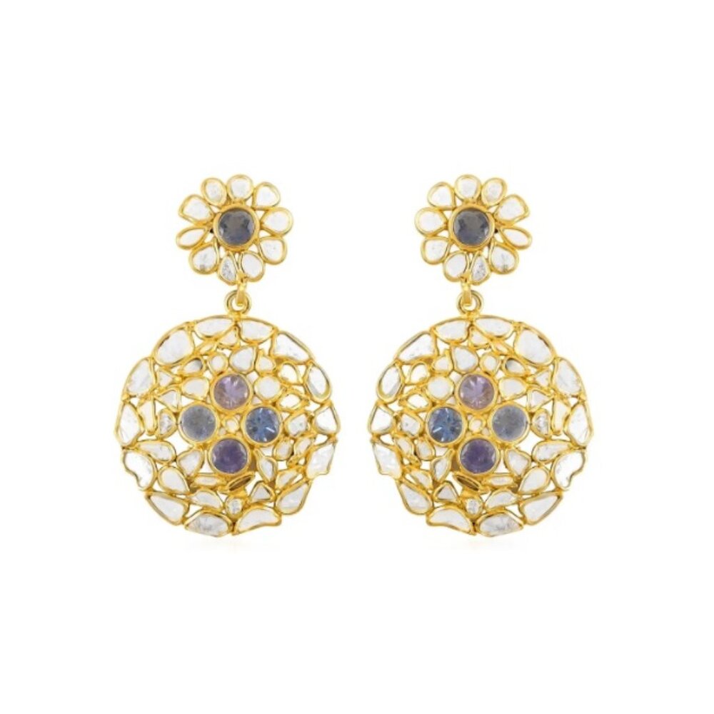 Polki Diamond and Tanzanite Round Flower Earrings